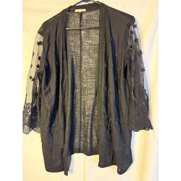 Black Sheer Knit Cardigan Sweater Lace Womens XL Whimsygoth Hippie Indie Maurice - Picture 1 of 3